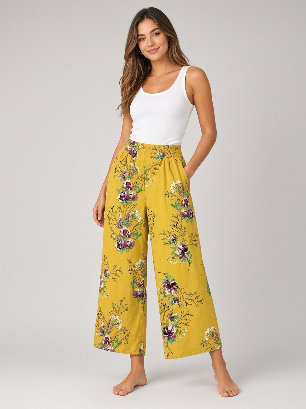 Rip Curl Mustard Floral Palazzo Pants Size S Elastic Waist
